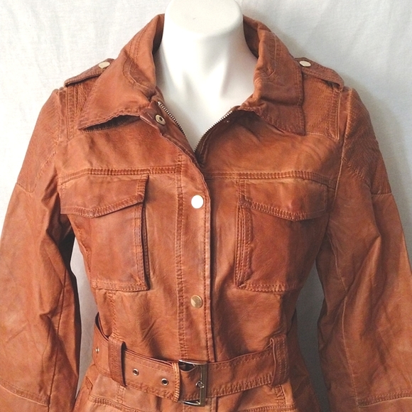 Bata Brown Faux Leather Western Belted Jacket Medium Soft Comfy Chic Cowboy - Picture 5 of 16